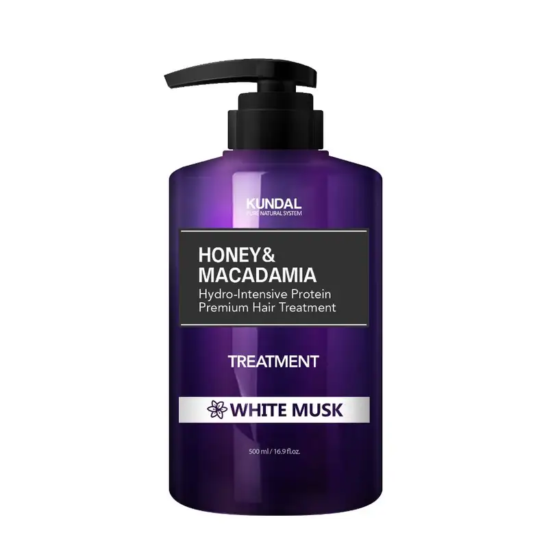 KUNDAL Honey & Macadamia Protein Treatment Amber Vanilla atkuriamoji plaukų kaukė su medumi, makadamijų aliejumi ir baltymais, 500 ml